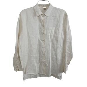 Magaschoni Womens 100% Linen Button Down Shirt Cream Crochet Buttons Small